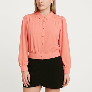 Soft & Drapey Coral Blush Button-Front Banded-Hem Collared Blouson Top XXS